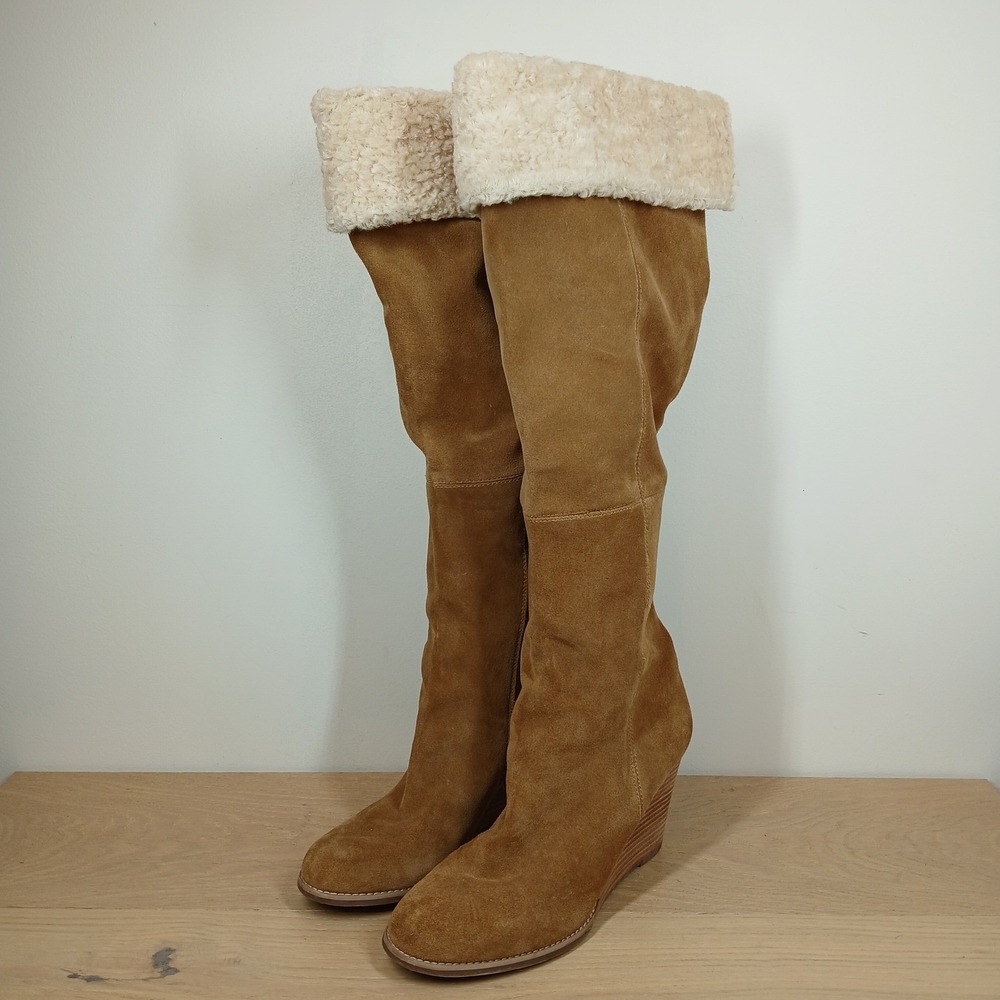 Lucky Brand Ysabel Boots Women 9.5M Tan Suede Knee High Faux Fur Wedge Winter